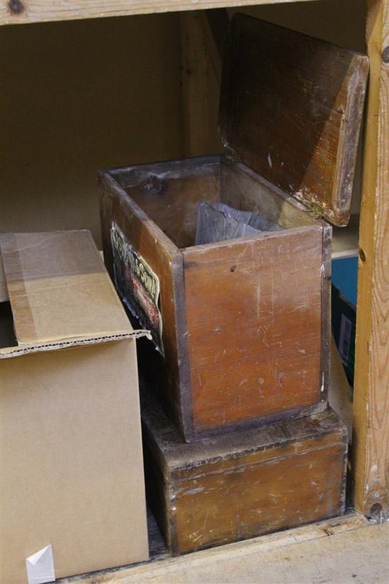 2 Victorian / Edwardian medicine chests containing a glass shade and pewter mugs